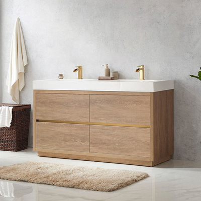 Mobile lavabo doppio freestanding, mobili bagno in legno massello di design
