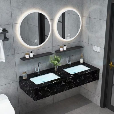 Mobiletto sospeso moderno, mobile bagno doppio lavabo in marmo