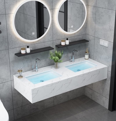 Mobiletto sospeso moderno, mobile bagno doppio lavabo in marmo