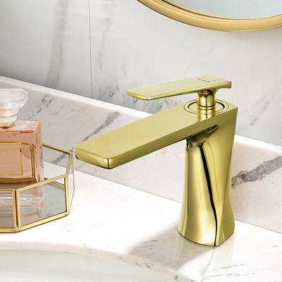 Il singolo lavandino del bacino dell'acqua della maniglia degli articoli del miscelatore di colore dorato sanitario dei rubinetti spilla per il bagno